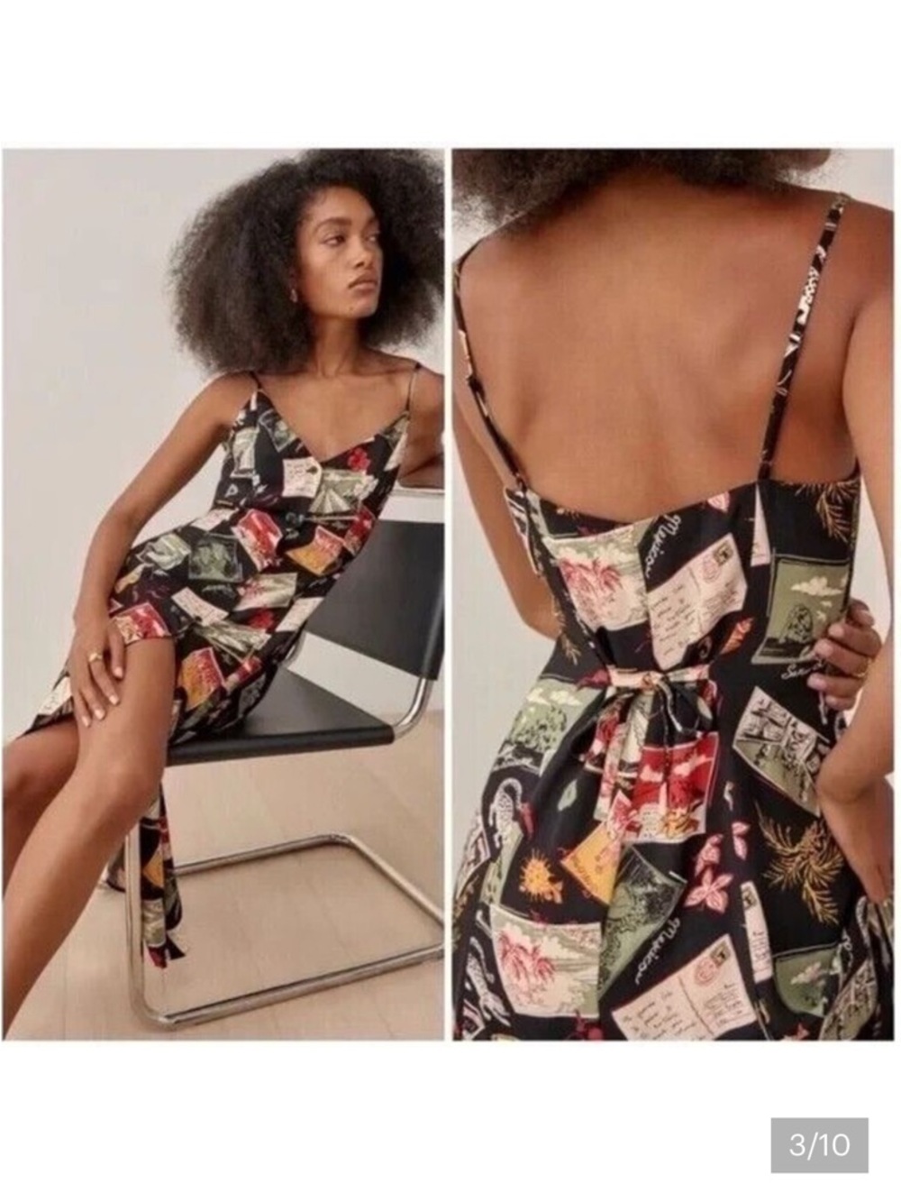 Reformation Black Postcard-Print Midi Slip Dress with Red and Green Accents